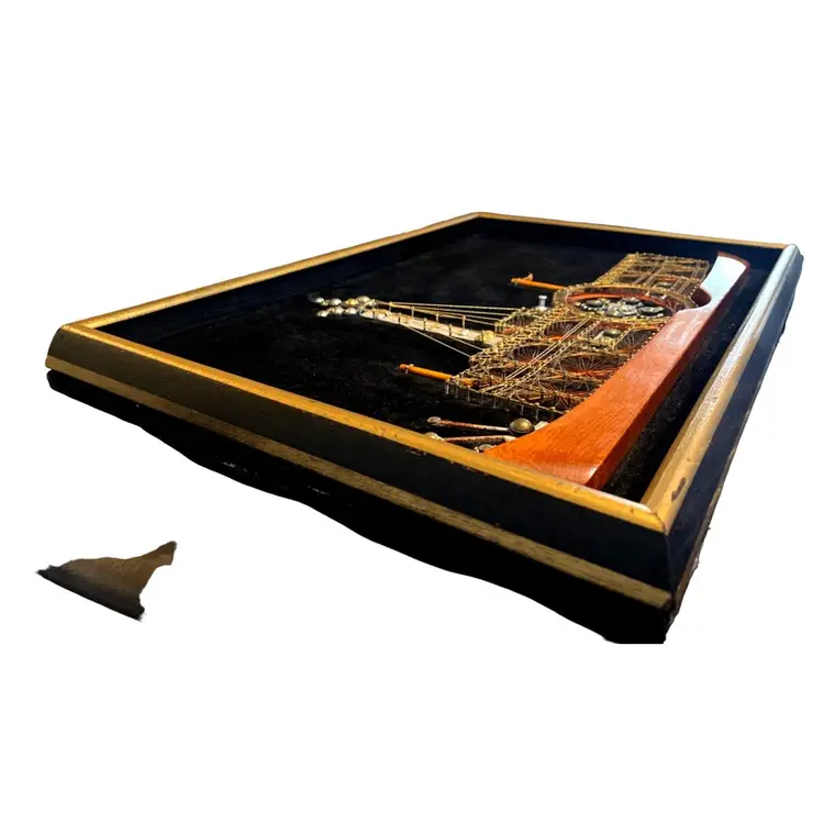 Vtg Velvet Steamboat Wire String Art Steam Punk Shadow Box Framed 70's