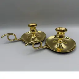 Vintage Pair Brass Chamberstick Candlestick Holders with Finger Loops Unbranded