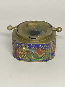 Antique Chinese Enamel Flip Flop Brass Ashtray/Incense Burner, 2.5" x 2.5" x 1.5