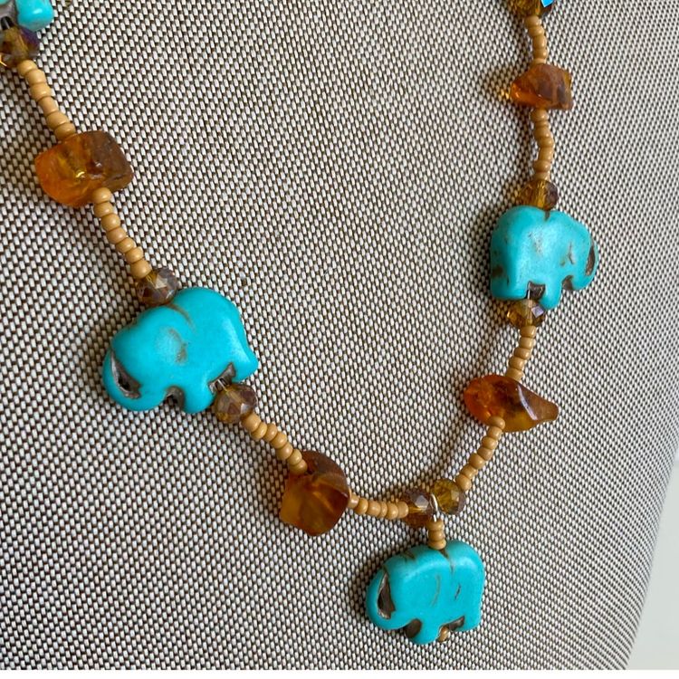 Vintage Semi Precious Gem Stone Beaded Necklace With Genuine Amber