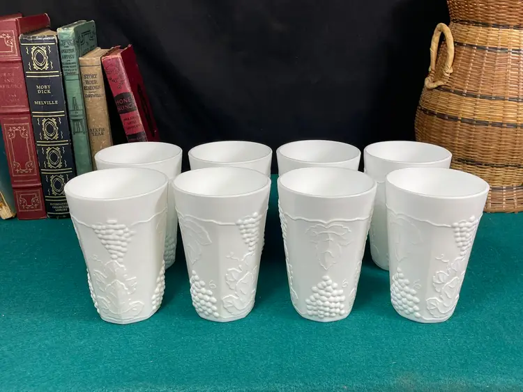 8 Indiana, Colony Harvest Milk Glass Tumblers, Grapes and Leaves, 10 oz Juice Glasses