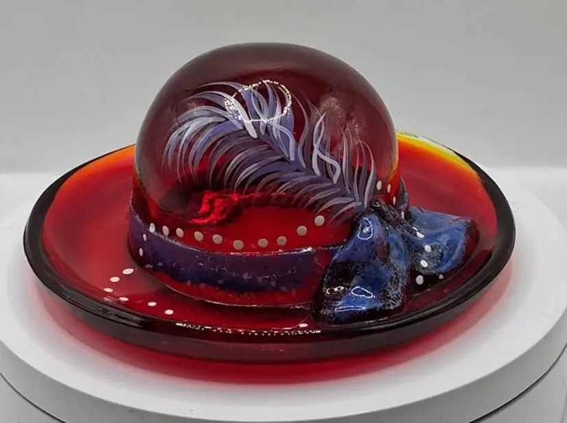 Fenton Art Glass Ruby Red Hand Painted Hat, Hand-Painted by Pam Fleak