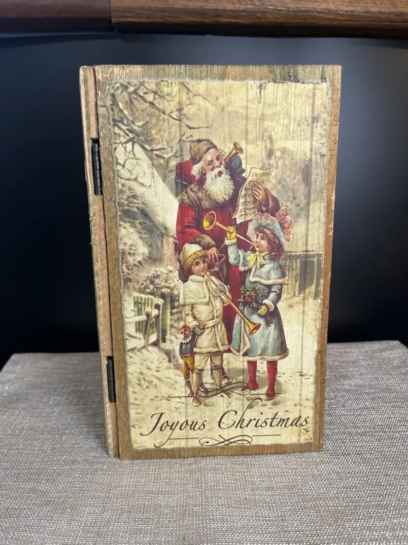 Wooden Christmas Themed Trinket Box w/ Hinges in the Shape of a Book