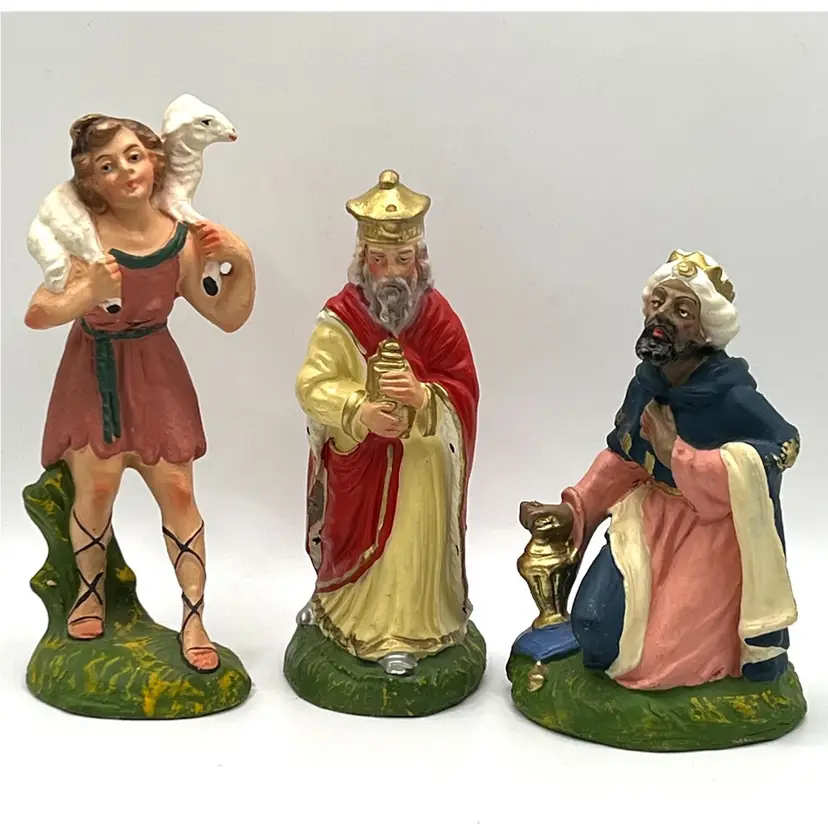 Hand Painted Italy Set Of 3 Nativity Christmas Figurines 2 Wise Men & Shepherd Boy with Sheep 4-5 in Height