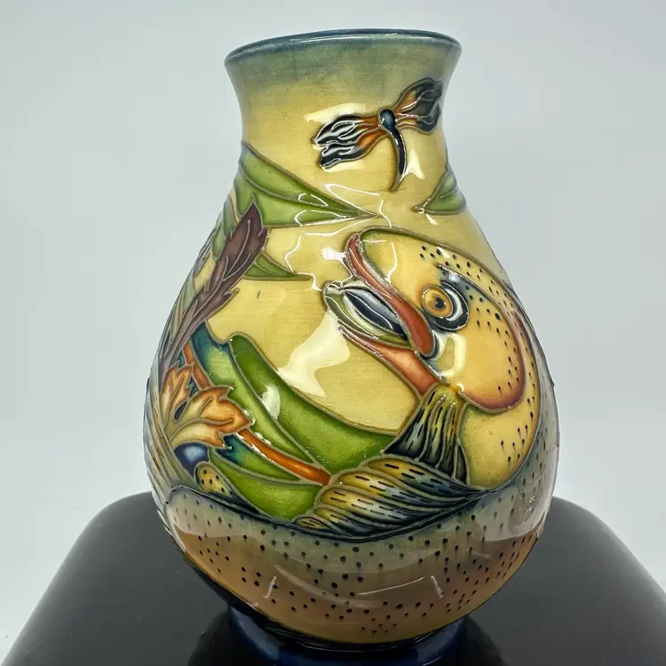 Moorcroft by Philip Gibson 1998 Pottery Vase Trout With Leaping Fish & Hovering Dragonflies 5.5”