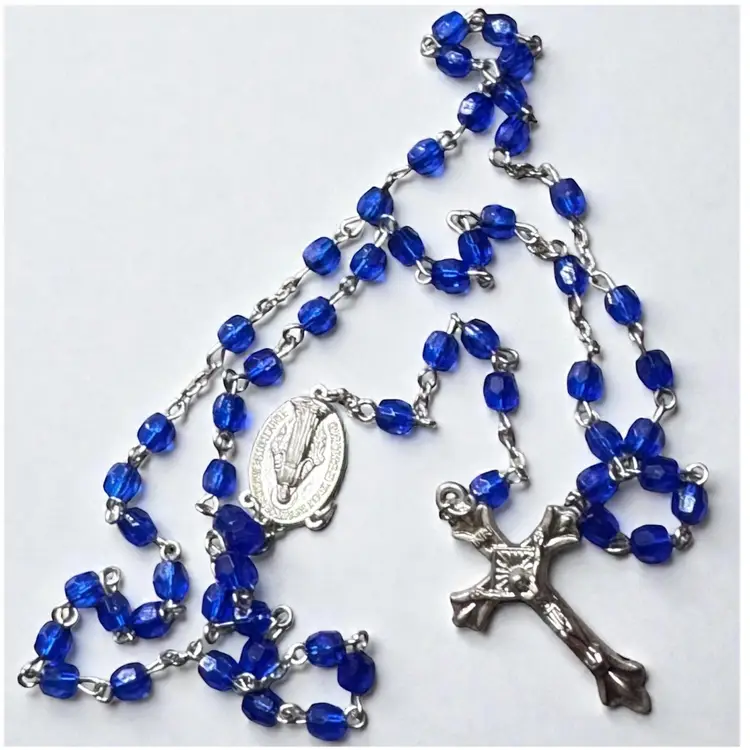 Vintage Blue Faceted Bead Silver Tone Rosary Necklace - 24” with 6” Tail - Clean & Very Good Condition