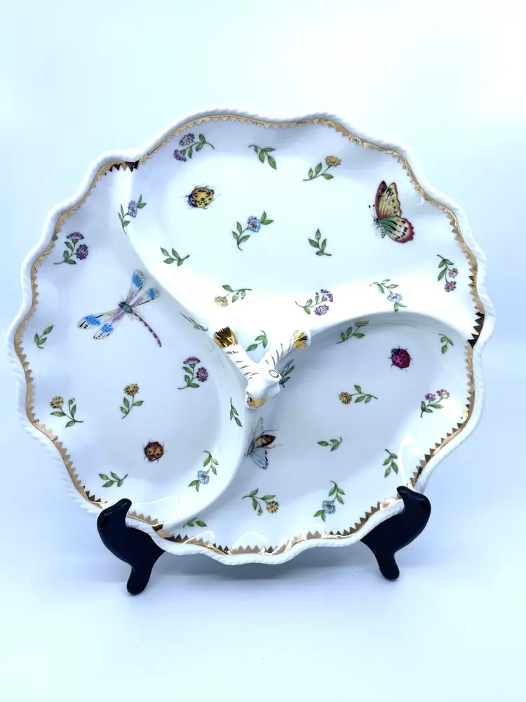 Goldinger & Co Primavera 11” Divided  Dish Dragonfly Bee Primavera Gold Trim
