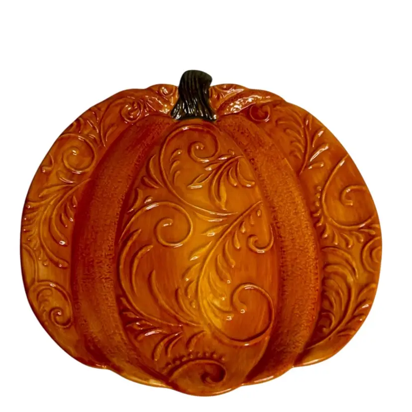 Pier 1 Imports Pumpkin Luncheon Plate
New With Sticker Orange W/ Brown Stem Fall Decor
8-1/4β L x 8-1/4β W
