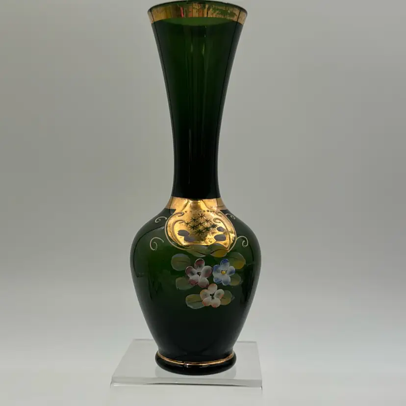 7” Bohemian Czech Glass Green 24K Gold Gilt Hand Enamel Raised Floral Vase