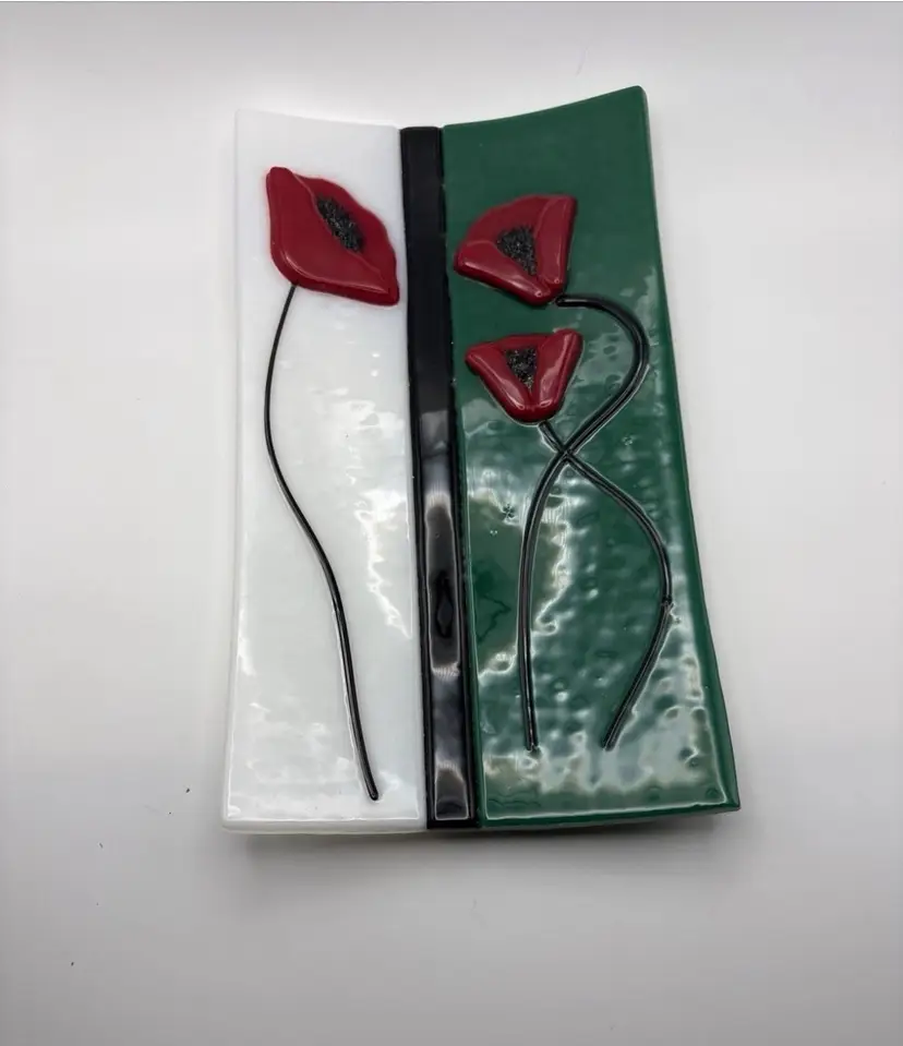 Handcrafted Fused Glass Poppy Platter - Red, White & Green
