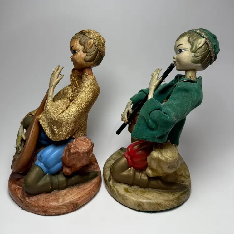 Pair Vintage MCM 9" Pixie Elf Nymphs Musician Figurines Dolls Hollywood Regency