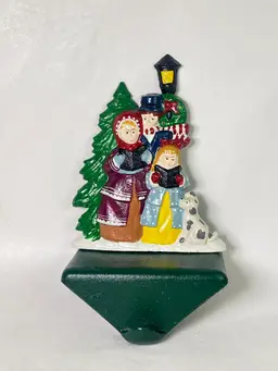 VINTAGE Enesco Cast Iron Christmas Stocking Holder Carolers Fireplace Hanger