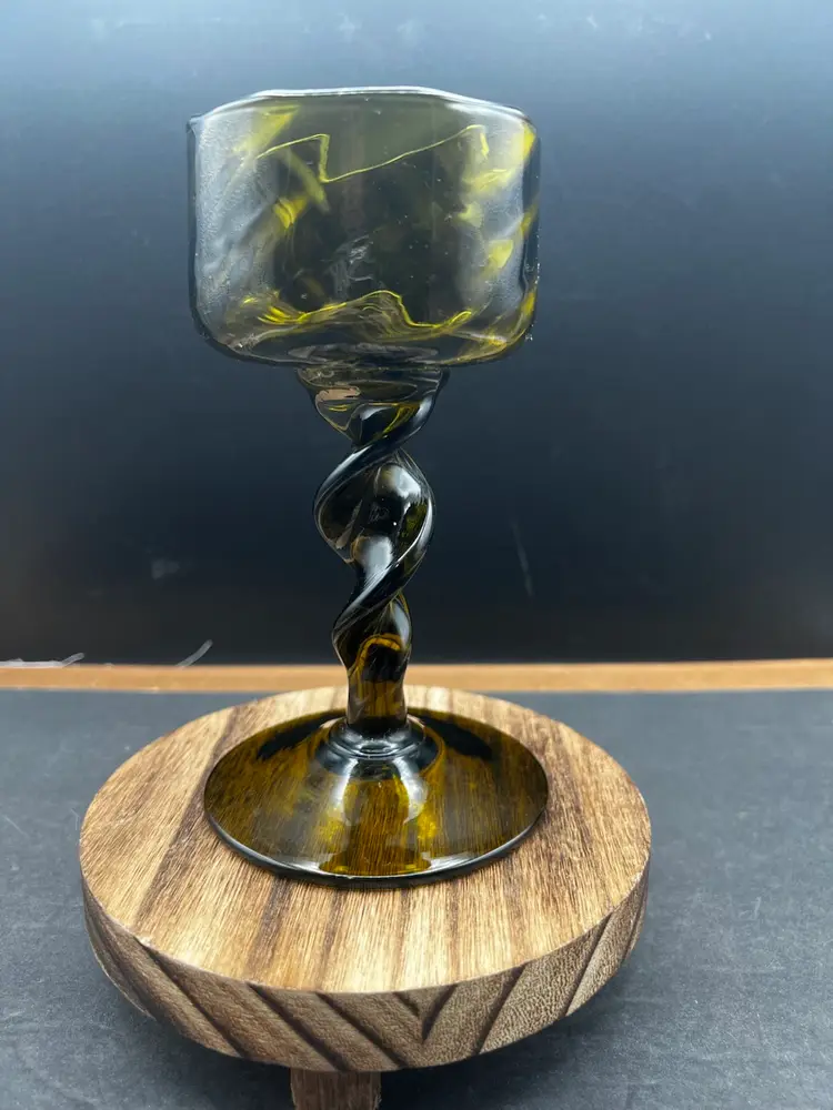 #894B Vintage MCM Empoli Optic Olive Green Art Glass Twisted Stem Italian Candle Holder