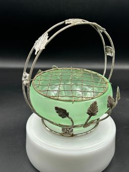 Vintage Bagley Arctic Green, Frosted Glass And Metal Basket Flower Design With Flower Frog