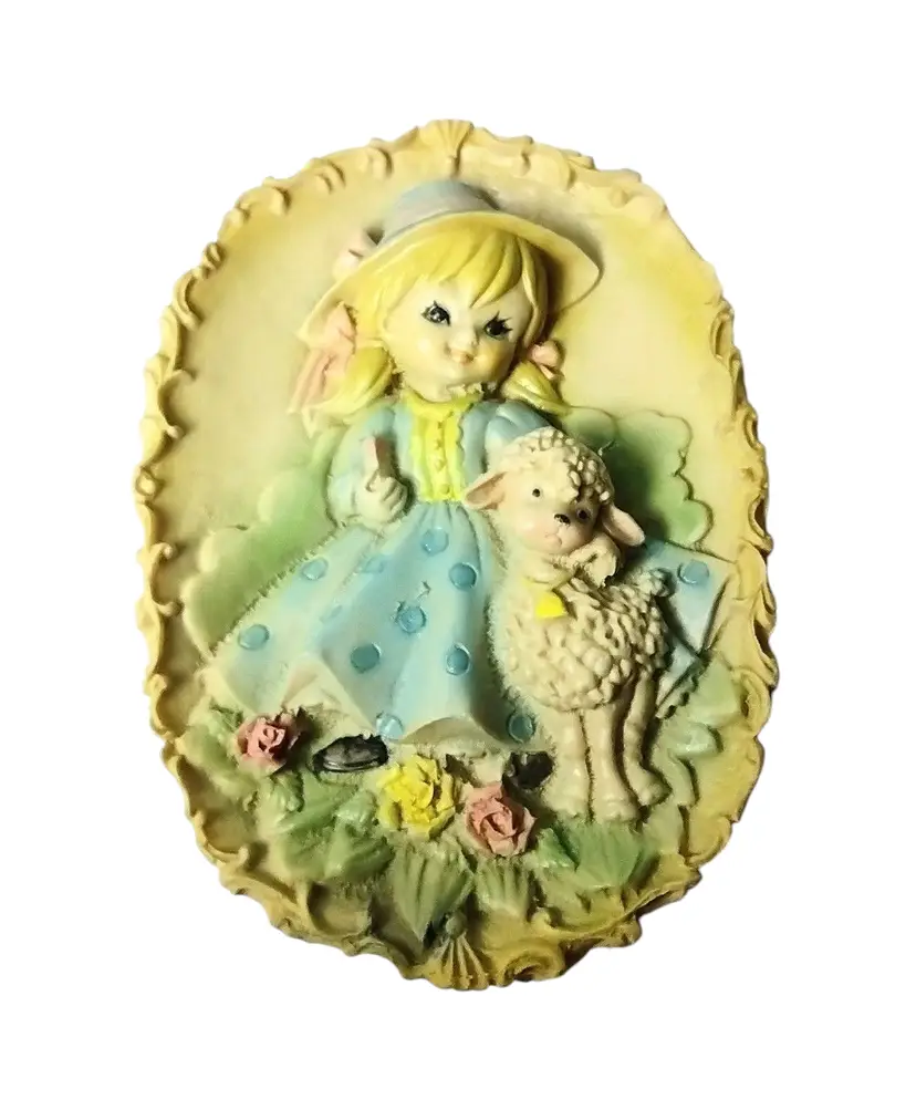 Vtg MCM Little Bo Peep Composite 3-D Molded Plaque Decor Kitsch Nursery Rhyme