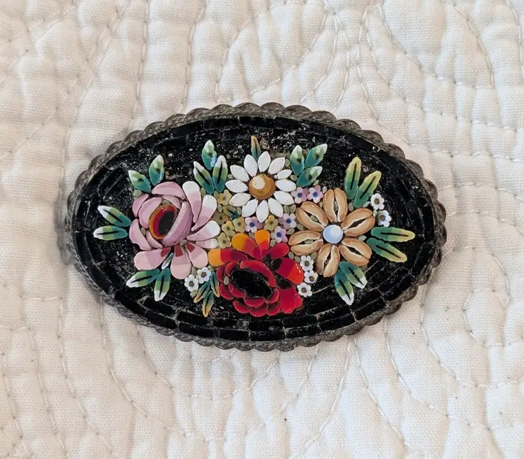 Large Vintage Oval Floral Italian Micromosaic Brooch with Raised Flowers on a Black Background