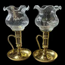 Early Bird Special - Vintage Brass Hurricane Candle Holders - Set Of Two: 3.75”x7.75”x3.75” each