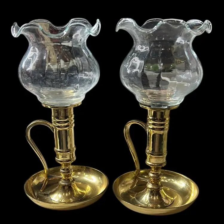 Early Bird Special - Vintage Brass Hurricane Candle Holders - Set Of Two: 3.75”x7.75”x3.75” each