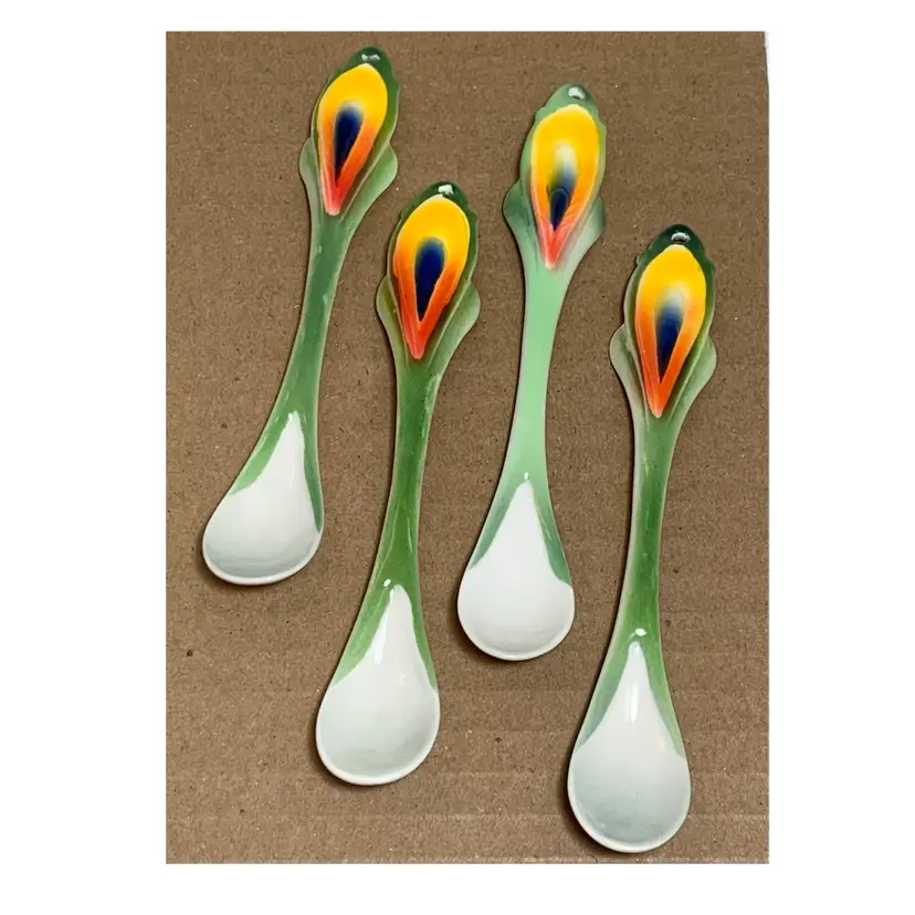 4 Demitasse Porcelain Tea Spoons Peacock Feather Design.  5 1/4” Long Coffee Espresso