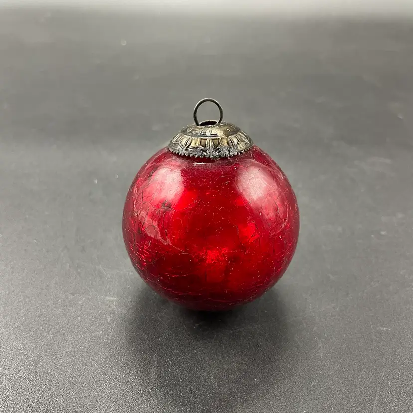 Kugel Midwest Red Mercury Crackle Glass Christmas Ornament Brass Cap VTG
