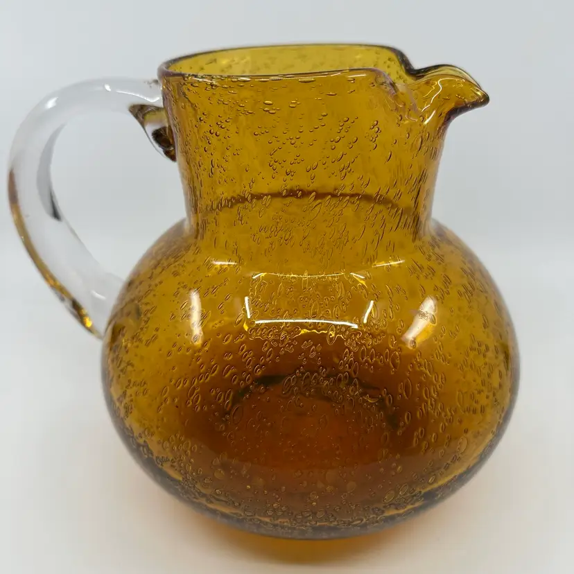 MCM Amber Hand Blown Art Glass Clear Applied Handle Ice/Splash Guard Pitcher
