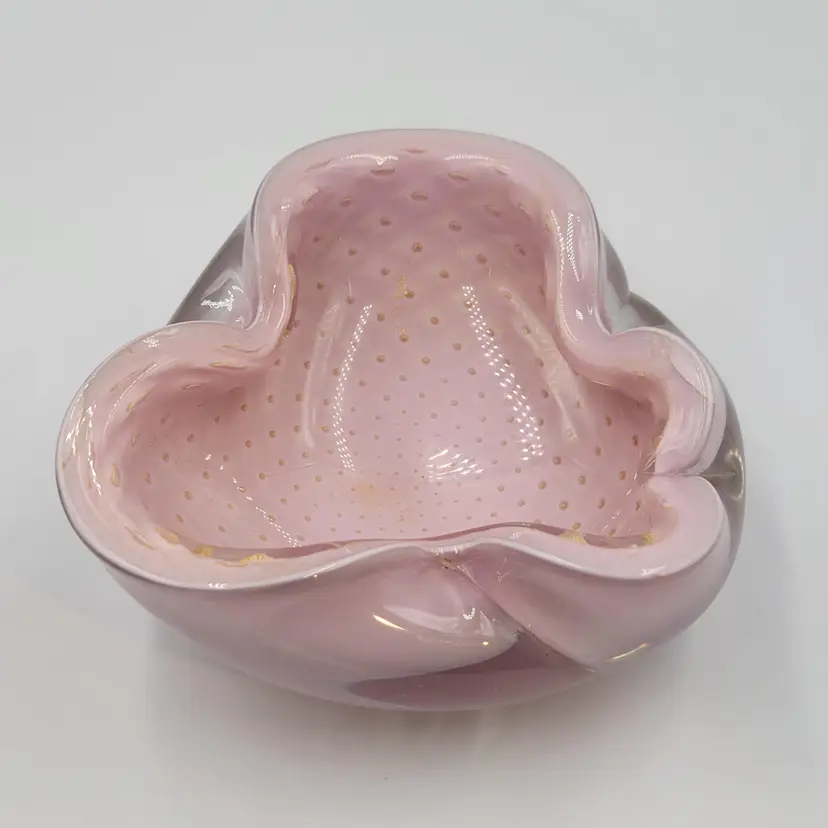 Alfredo Barbini Murano Pink Encased Glass Ashtray/Trinket Dish with Bullicanta and Gold Accents