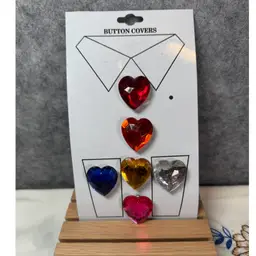 Vintage 1980s Rhinestone Heart Button Covers – Set of 6 Jewel Tone Clip-On Sweater Accessories