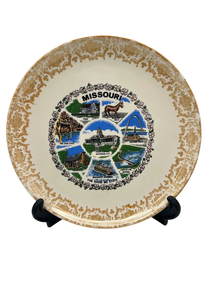 Missouri Souvenir Plate 9.25" Scenic Landmarks Gold Trim Show Me State