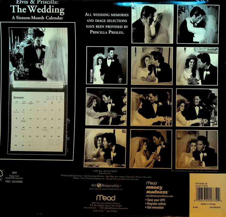 Elvis & Priscilla Presley the Wedding Sealed Calendar 2012