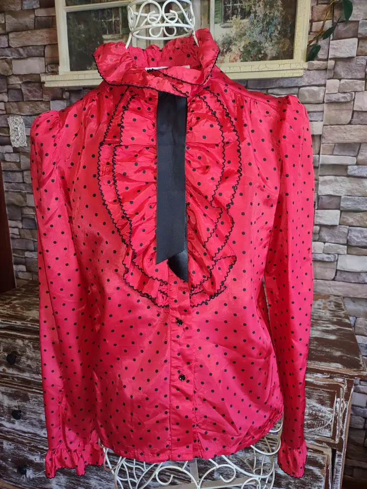 Sz 12 EUC 50s/60s Red Black Polka Dot Ruffle Collared Blouse Pleated Shoulders