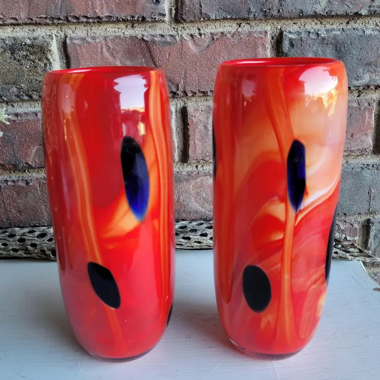 Czech Art Glass Pair Of Vases -Swirled Color - Murano Style