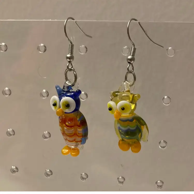 Vintage 1970’s Artisan Lampwork Glass Owl Earrings