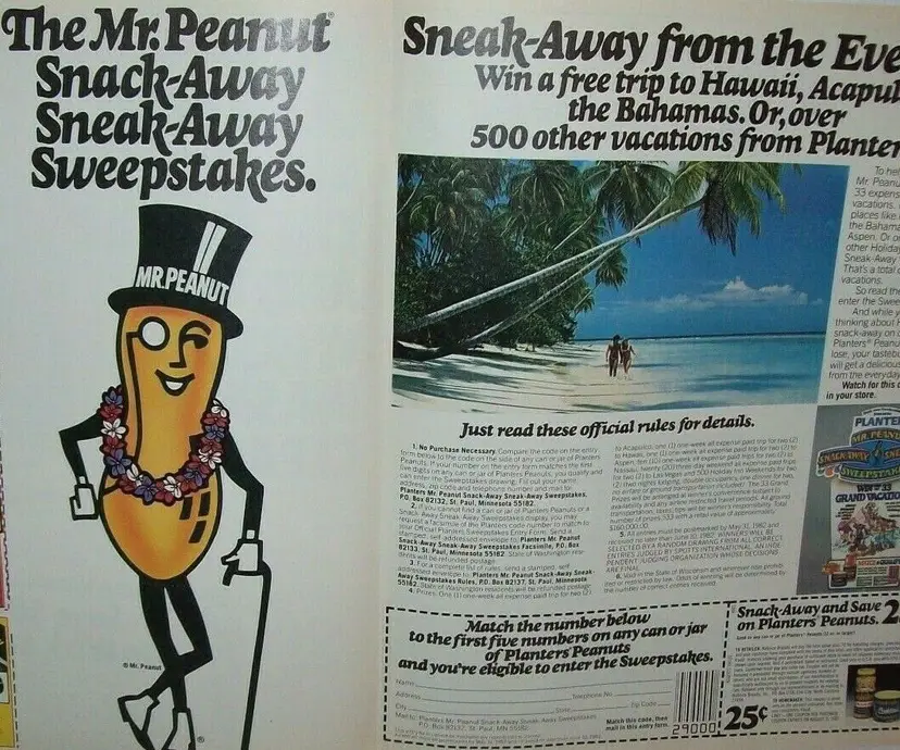 Mr Peanut Wearing Hawaiian Lei Vintage 1982 Contest Promo Coupon Planters Nuts