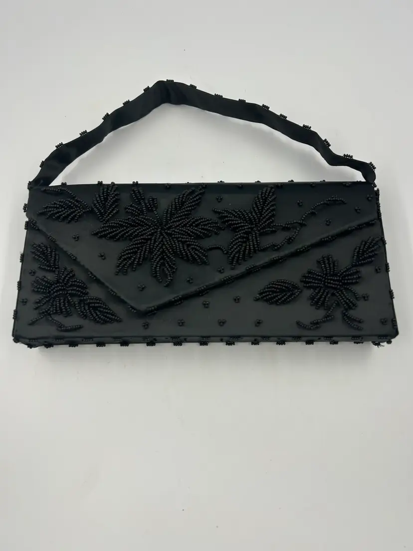 Vintage Black Beaded Clutch Or Satchel Purse Handle Snaps On And Off
