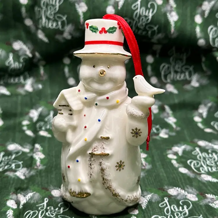 Vtg Snowman  Baum Bros Snowman Ornament Ivory Gold With Velvet Box New Batteries