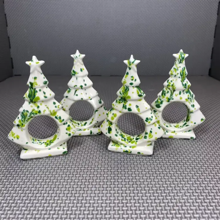 Vintage Napkin Rings Set of 4 White With Green Speckles Ceramic Christmas Trees