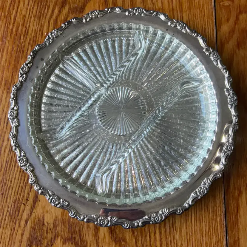 Oneida 12 Inch silver-plated relish dish with a fluted glass insert.