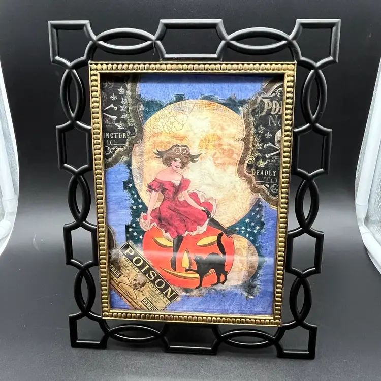 Wicked Good Or In Between? - Upcycled Black Metal Frame with Witch Black Cat Moon - Made By Me