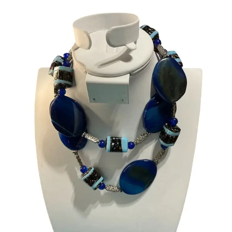 Genuine Blue Gemstone & Fused Art Glass Bead Necklace 28” KK12
