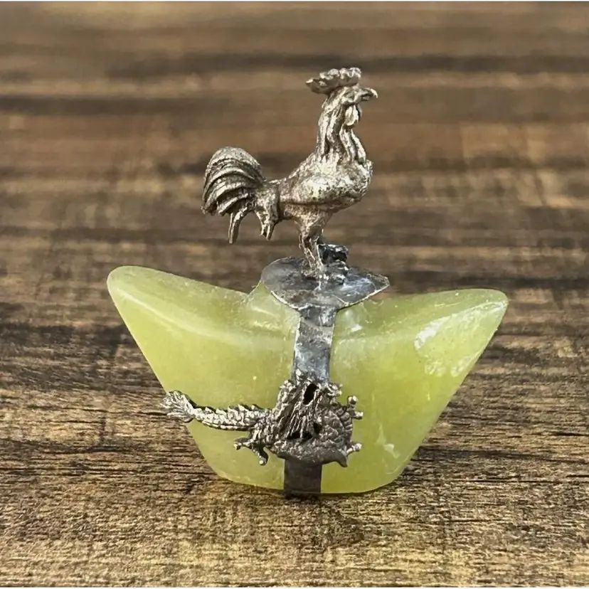 Vintage Chinese Horoscope Brass Bowenite Jade Rooster Figure