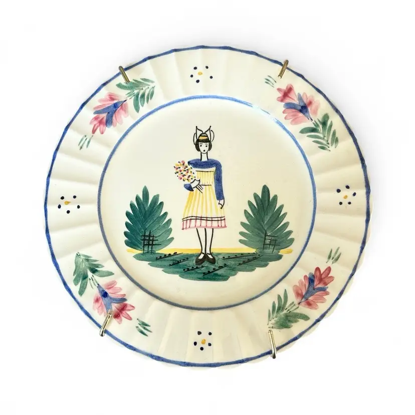 Hand Painted Vintage Stangl Pottery Wall Hanging Plate - Woman Holding Flowers