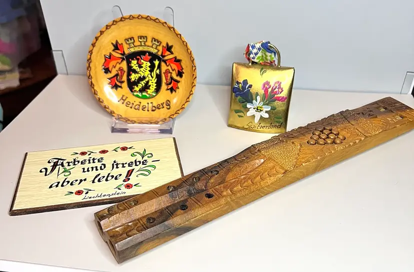 Vintage European Lot Balkan Double Flute, German Painted Dish, Plaque Swiss Bell