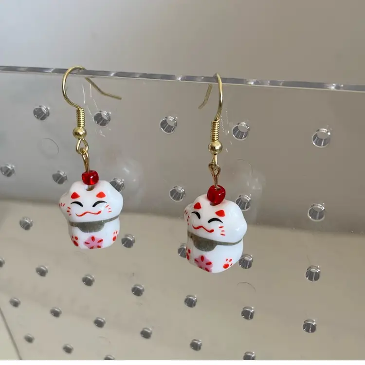 Vintage Lucky Cat Porcelain Earrings