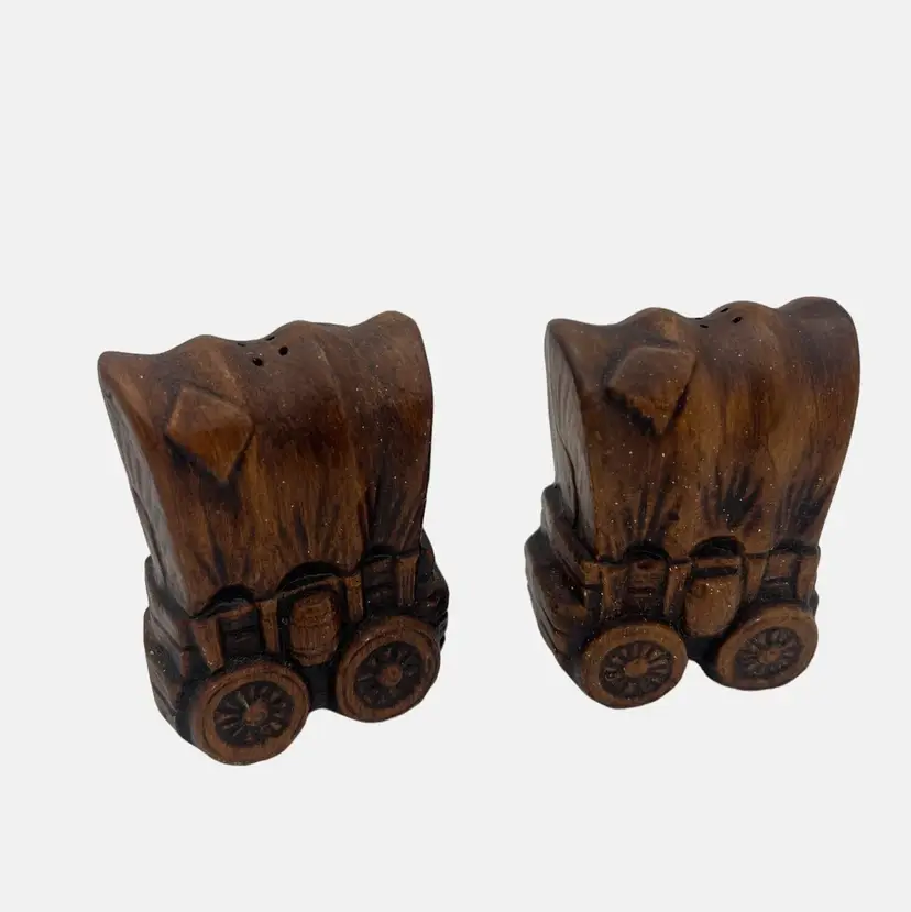 Vintage Treasure Craft Covered Wagon Salt & Pepper Shakers Brown Ceramic 3.25"