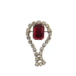 #09 Western Germany Red Clear Rhinestone Articulated Silver Tone Brooch