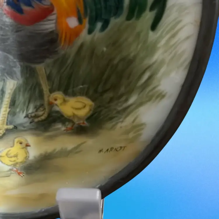 Hand painted Rooster And Family Picture On Slag Glass, Suncatcher, 4” Across, Beautiful Detail;signed