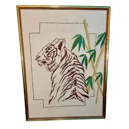 Crewel Framed Finished Tiger Yarn Vintage Animal 16x20