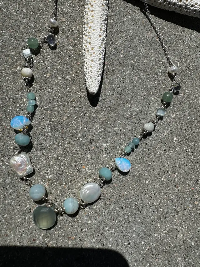 #11 Seaside Colors Of Multiple Gemstones And Pearls And Shapes Adorn A Sterling Silver Necklace Finished With Handmade Infinity Clasp 18”