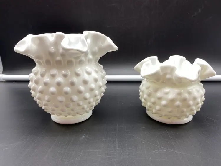 Set of 2 Fenton Milk Glass Hobnail Double Crimped Vases 3" & 4-1/2" Vases