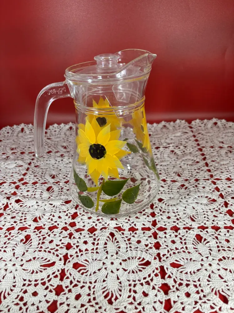 Vintage Glass Pitcher With Hand Painted Sunflowers